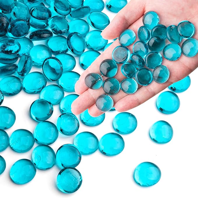 Sea Blue Glass Marbles, 0.97 LB Transparent and Smooth Flat Glass Beads by MESCHETT