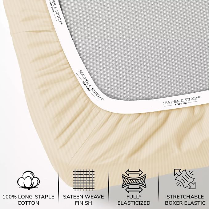 Feather & Stitch 1 Piece Fitted Sheet Full Size, 100% Cotton Damask Sateen Weave - Image 2