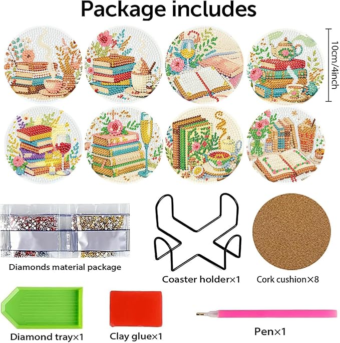 Benjenes 8 PCS Diamond Art Coasters Kits Book Diamond Painting Coaster | - Image 3