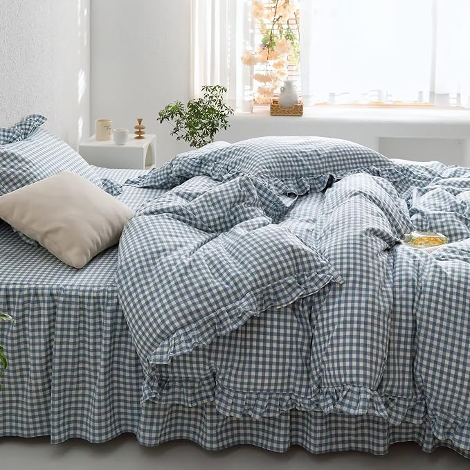 MKXI Blue and White Gingham Duvet Cover Twin XL Size, 3-Piece Bedding Set - Image 5