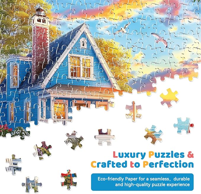 300 Piece Jigsaw Puzzle for Adults – Charming Beach House, Sailboat & Playful - Image 3