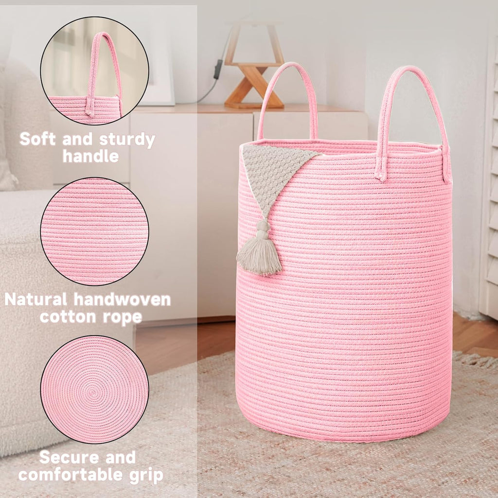Large Woven Laundry Basket Hamper,60L Cotton Rope Storage Bin for Blankets,Toys and Clothes,Decorative Tall Nursery Hamper for Living Room,Baby Nursery,Bathroom and Bedroom,Pink