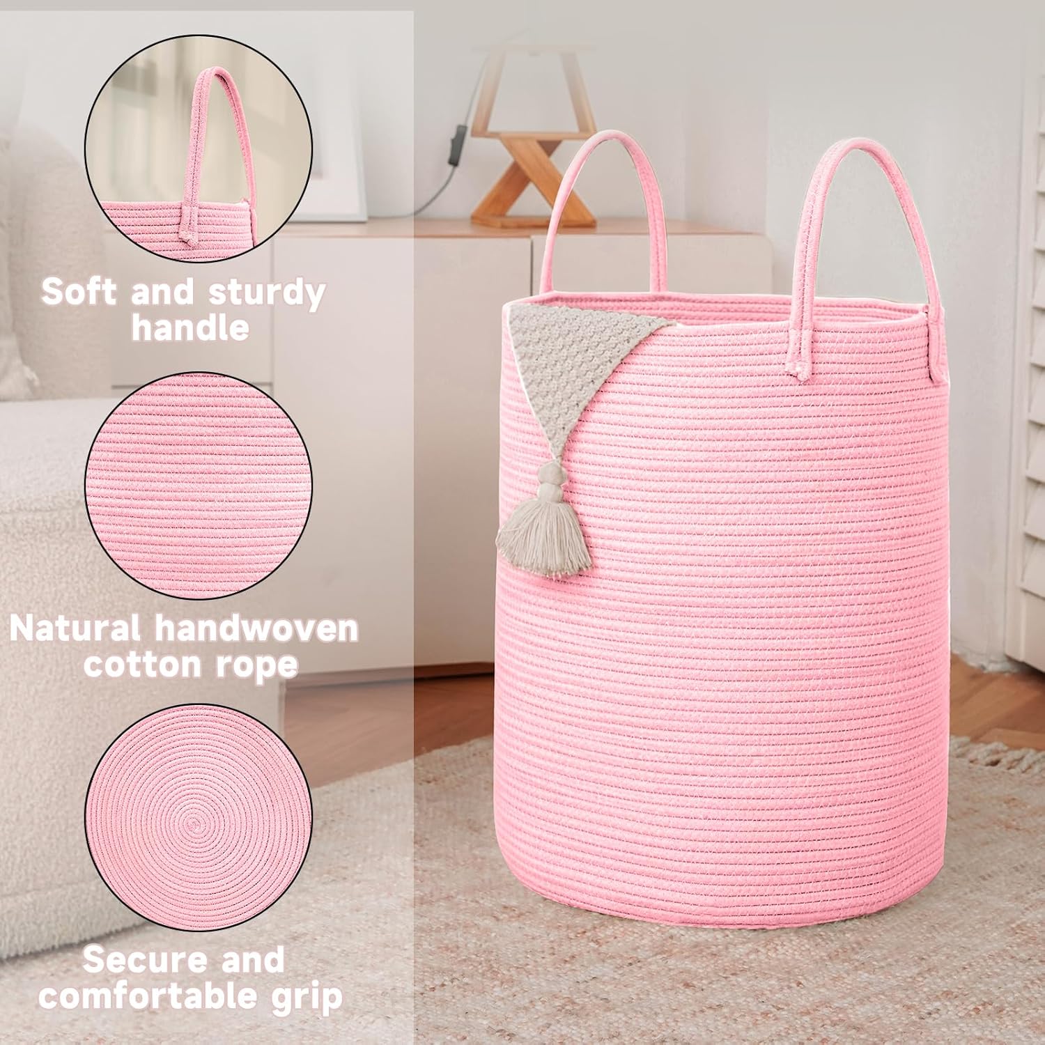 Large Woven Laundry Basket Hamper,80L Cotton Rope Storage Bin for Blankets,Toys and Clothes,Decorative Tall Nursery Hamper for Living Room,Baby Nursery,Bathroom and Bedroom,Pink