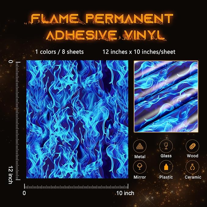Tintnut Flame Pattern Permanent Vinyl 8 Pcs 12x10in Blue Adhesive Vinyl | - Image 2