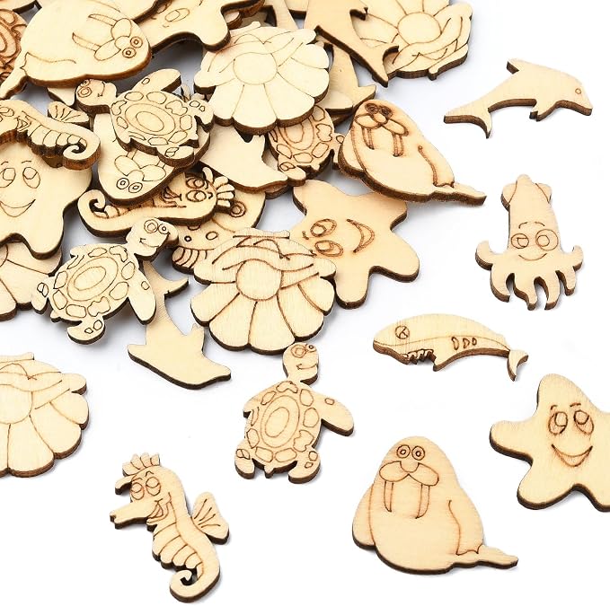 200 pcs Mixed Styles Ocean Animal Theme Undyed Wood Cutout Charms Octopus - Image 8