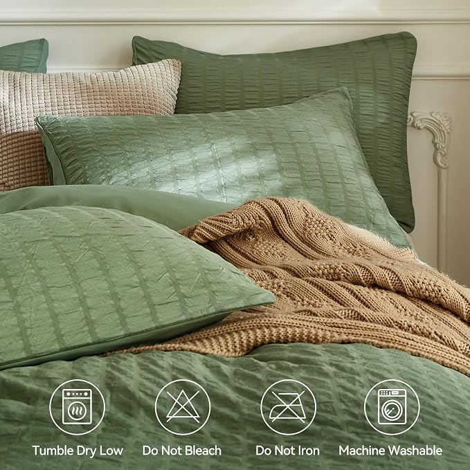 JELLYMONI Dark Green Duvet Cover Twin Size, Soft Breathable Seersucker Duvet - Image 4