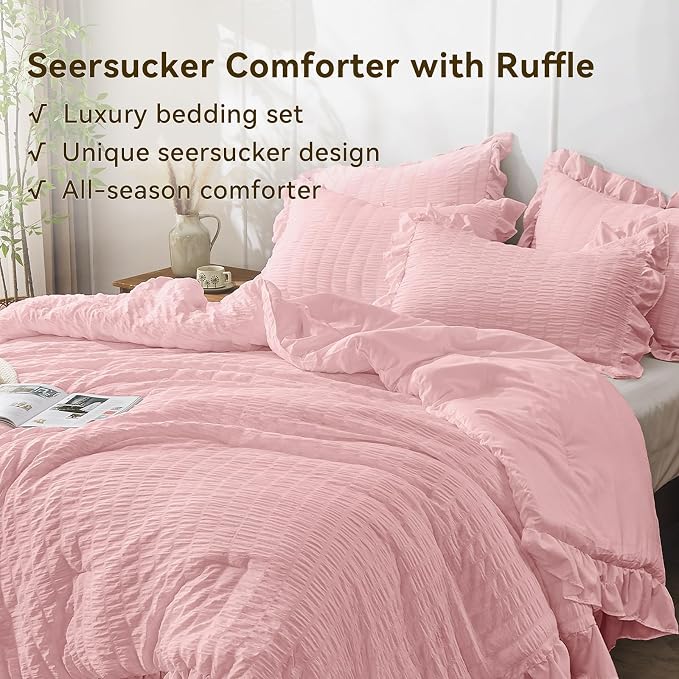 JOLLYVOGUE Pink Seersucker Queen Comforter Set, 3 Pieces Bed in a Bag Comforter - Image 3