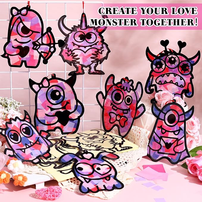 Eersida 32 Sets Valentine's Day Monster Suncatcher Craft Kit, DIY Stained Glass - Image 2