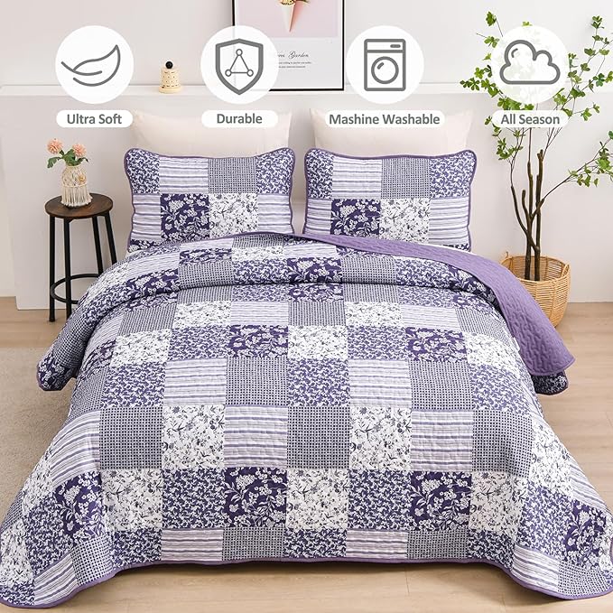 Mybedsoul Purple Quilt Set Queen Size, 3 Pieces Boho Floral Plaid Bedspread - Image 3