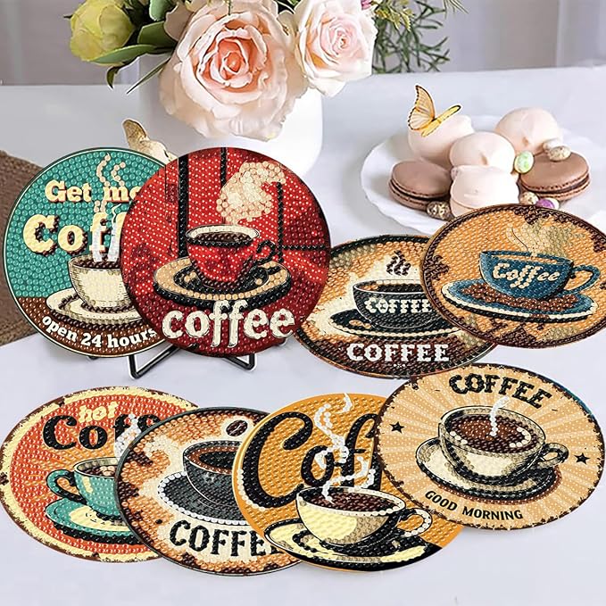 8 Pack Diamond Art Coasters, Coffee Retro Diamond Painting Coasters Kits | - Image 5