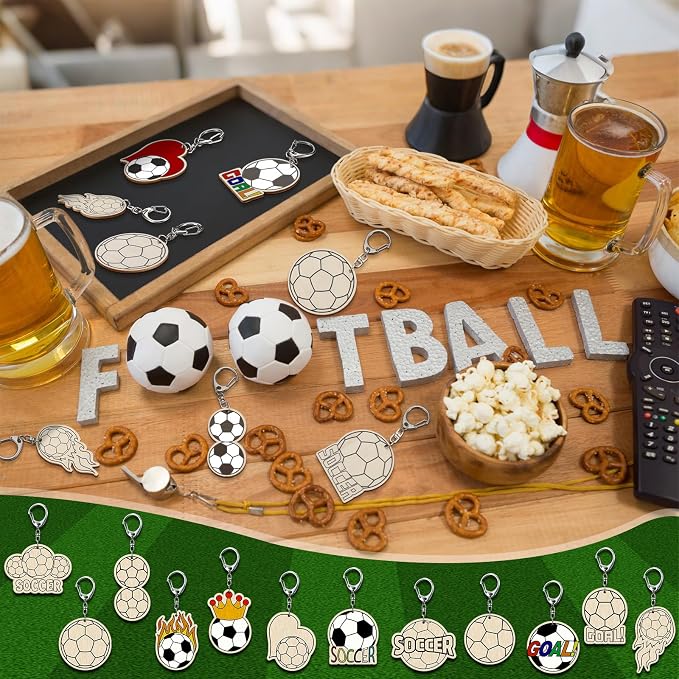 RattanView 24 Pcs Soccer Craft Color Your Own Keychains Diy Craft Wooden Blank - Image 6