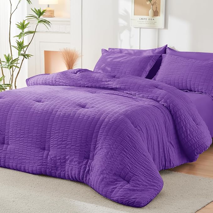 HYMOKEGE Bright Purple Twin XL Comforter Set Seersucker 5 Pieces, All Season - Image 8