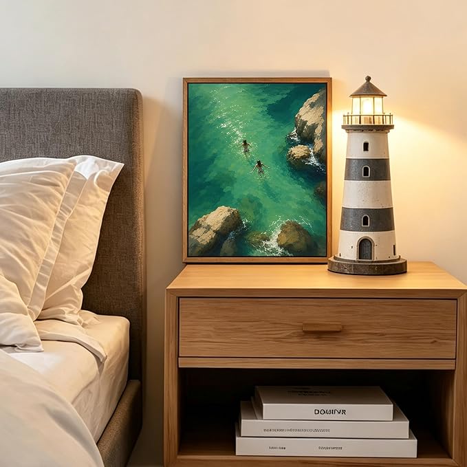 Framed Green Coastal Swim Canvas Wall Art Aerial View of Two Girls Swimming in - Image 8