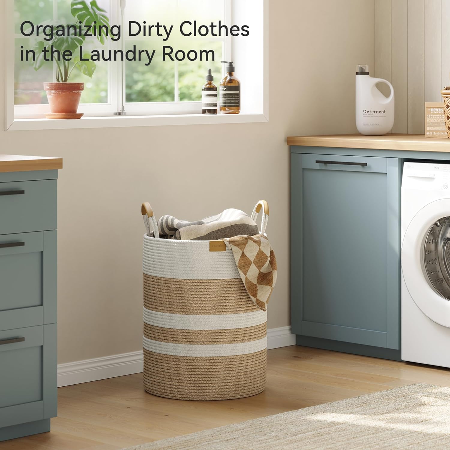 62L Striped Laundry Hamper with Leather Handles,Large Foldable Laundry Basket for Clothes,Cotton Rope Storage Bin for Blankets,Woven Clothes Basket for Bedroom, Beige Stripes