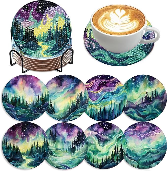 8 Pack Diamond Art Coasters, Northern Lights Diamond Painting Coasters Kits | by Zythron