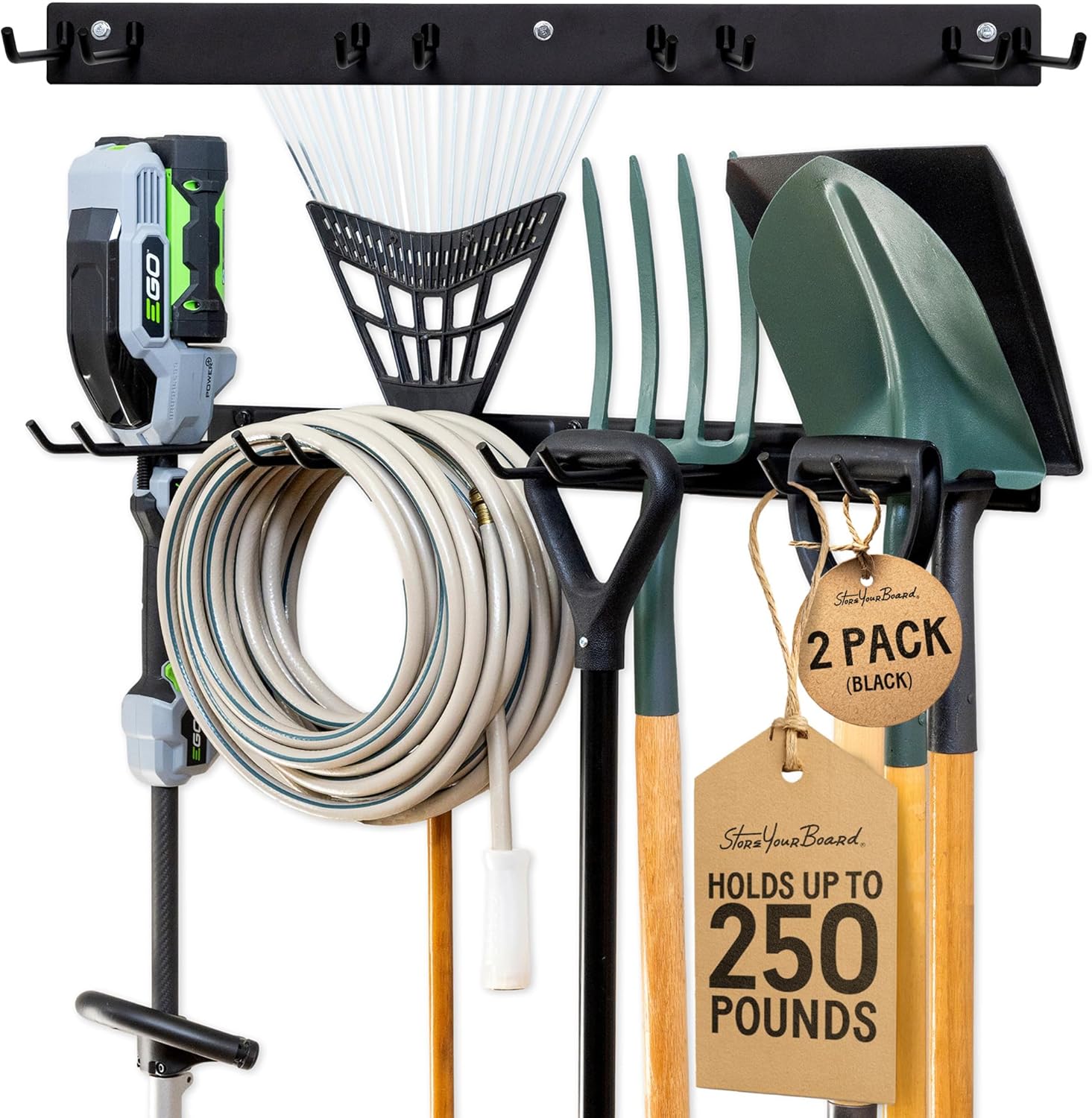 StoreYourBoard Wall-Mounted Rack With 4 Garage Hooks – Heavy-Duty Steel Holder Garage & Garden Storage for Shed, Workshop, or Home Organization – For Rakes, Shovels, Tools & More – 2 Pack, Black