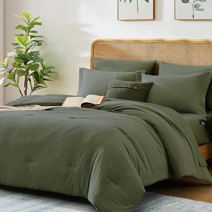 WRENSONGE California King Size Comforter Sets, 7 Pieces Olive Green Bed in a Bag - Image 4