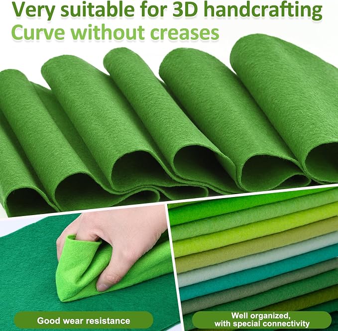 XSEINO 13 Rolls 8"x35" 1.4mm Thick Soft Felt Fabric Sheet 13 Assorted Green - Image 4