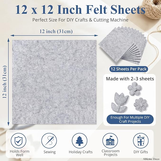 12" x 12" Felt Sheets for Crafts, 2mm Stiff Felt Heather Gray | 2mm Thick Stiff - Image 3