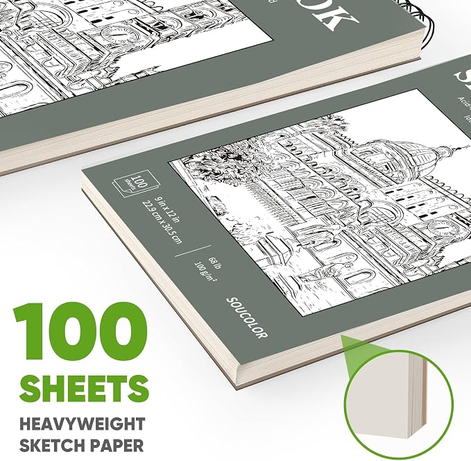 Soucolor Sketch Book 9x12, Drawing Paper Pad 68lb/100gsm Acid-Free | 100 Sheets - Image 3