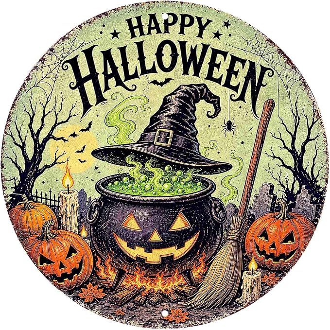 Vintage Witch Cauldron Halloween Metal Tin Sign Round Wall Decor Witch Hat by Unknown