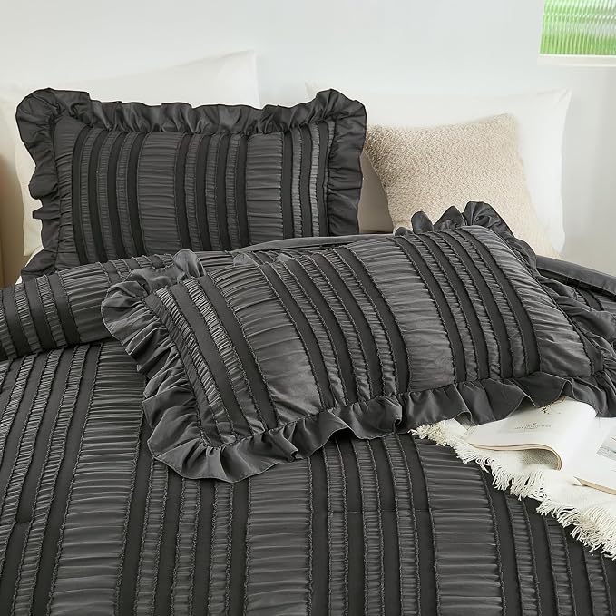 WONGS BEDDING Queen Comforter Set, Dark Grey Boho Comforter Set Queen, Shabby - Image 4
