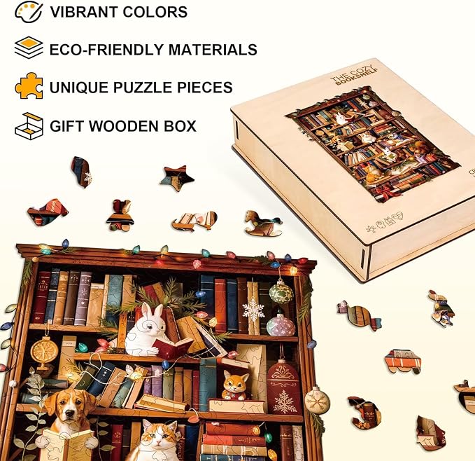 Animal Cozy Bookshelf Puzzles Adults Gifts Wooden 80 Pieces 8.5 * 5.3in - Image 2
