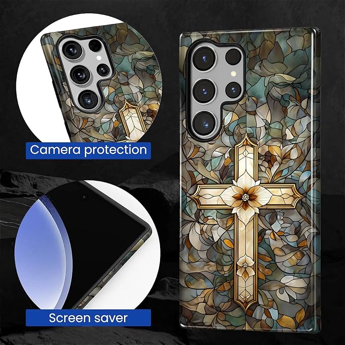 for Samsung Galaxy S24 Ultra Case, Christian Cross Stained Glass Pattern Glossy - Image 7