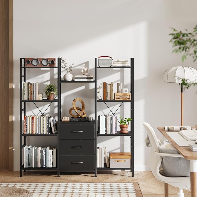 AFLUI Triple Bookshelf with 3 Fabric Drawers, 4-Tier Book Shelf and 10 Display - Image 8