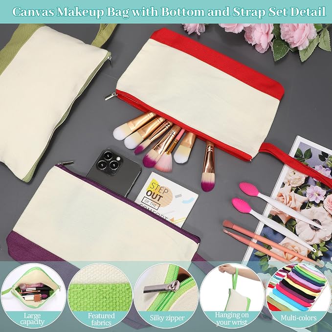Silkfly 15 Pcs Cotton Canvas Makeup Bags Cosmetic Zipper Bags 10.2 x 5.5 x 2'' - Image 3