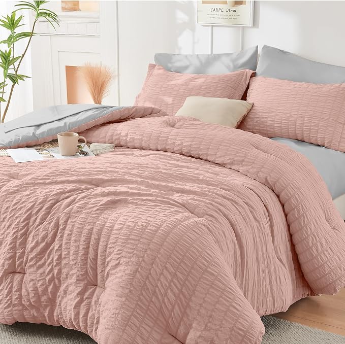HYMOKEGE Rose Gold/Light Grey Full Size Comforter Sets Seersucker 7 Pieces by HYMOKEGE