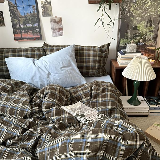 mixinni Vintage Brown & Blue Buffalo Plaid Duvet Cover Set Twin Size - Image 6