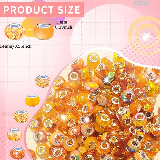 200Pcs Large Hole Beads Spacer Beads Orange Assorted European Craft Big Beads - Image 2