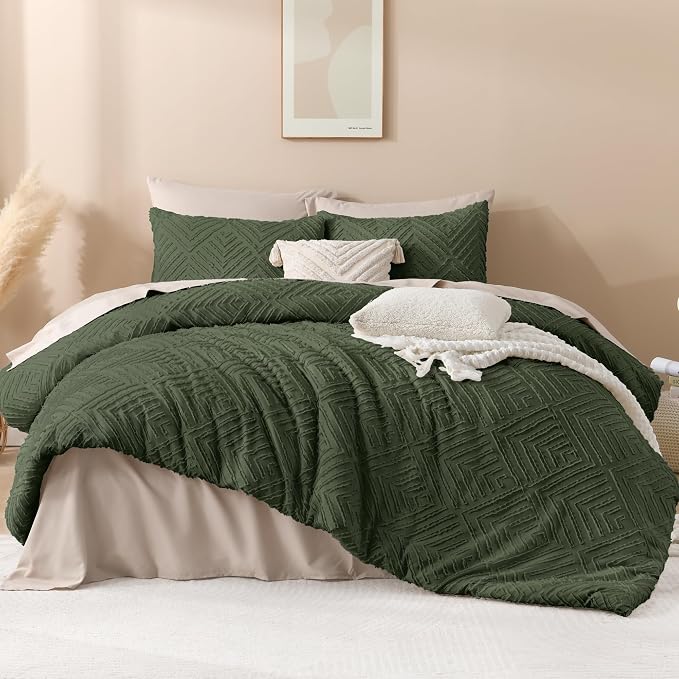Andency Dark Olive Green Comforter Set King Size, 3 Pieces Boho Men Bedding Set - Image 2