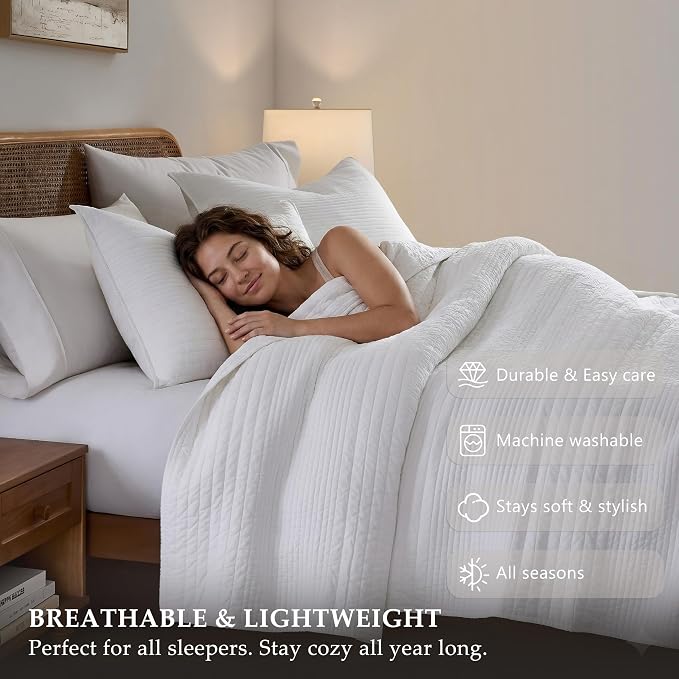 palassio Striped White 100% Cotton Quilt King Size Bedding Sets, Lightweight - Image 5