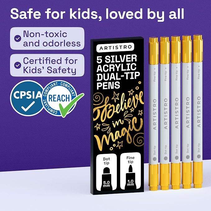 ARTISTRO 5 Gold Dual-Tip Acrylic Paint Markers – Paint Pens Set - Image 6