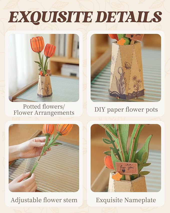 rowood Orange Tulip Wooden Flower, DIY Artifical Flower Building Set Craft Kit - Image 4