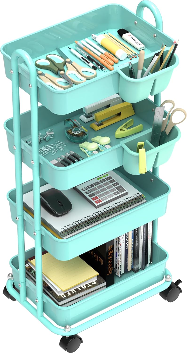 Simple Houseware 4-Tier Multifunctional Rolling Utility Cart with Hanging Buckets, Turquoise