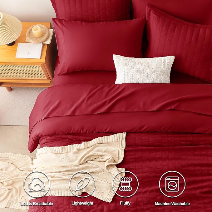 CozyLux Oversized King Comforter Set Dark Red Seersucker 7 Pieces 120x98 Bed in - Image 2
