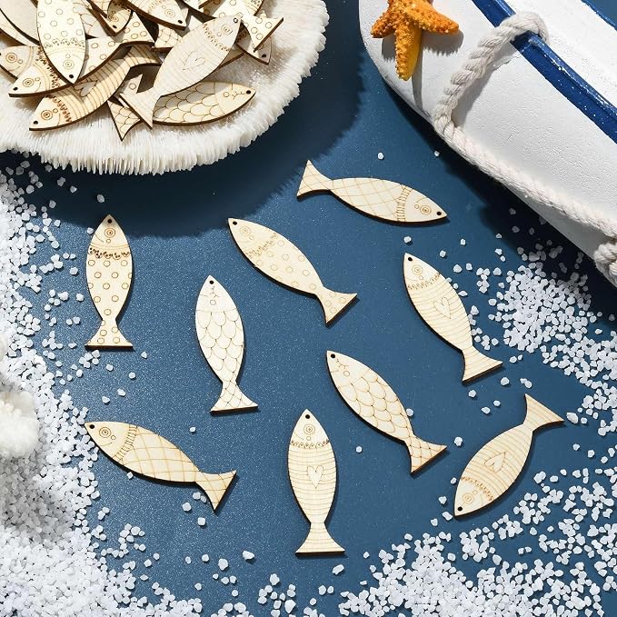 LiQunSweet 200 Pcs Mixed Styles Fish Unfinished Wood Cutout Ocean Sea Animals - Image 5