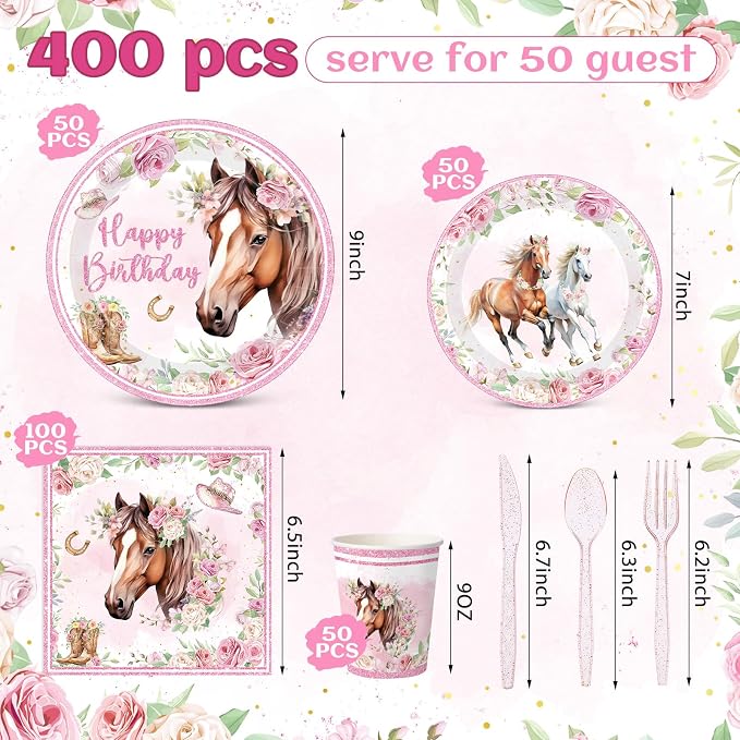 Pickmesh 400 Pcs Horse Birthday Party Supplies Include Pink Western Cowgirl - Image 3