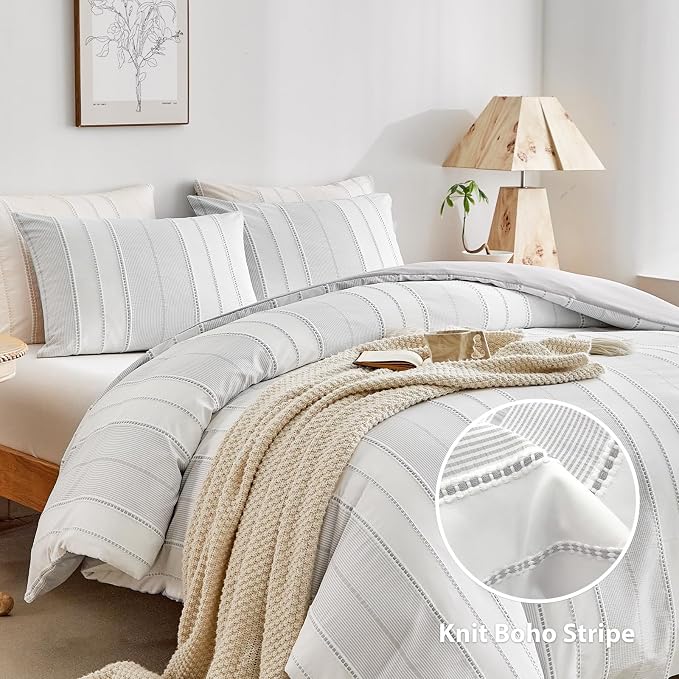 WARMDERN Light Grey Striped Weave Duvet Cover Queen Size, Microfiber Textured - Image 2