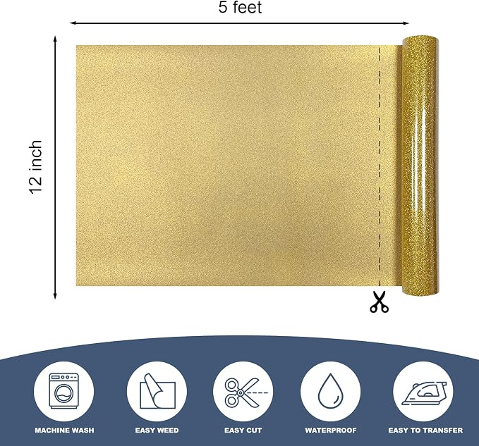 Gold Glitter Heat Transfer Vinyl 12" x 5 ft HTV - Image 2