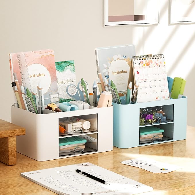 Marbrasse Pen Organizer with 2 Drawer, Desk Organizers and Accessories with 5 - Image 3