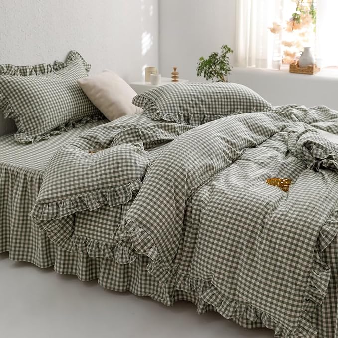 mixinni Green Gingham Ruffle Duvet Cover Full Size 3 Pieces – 100% Washed Cotton - Image 2