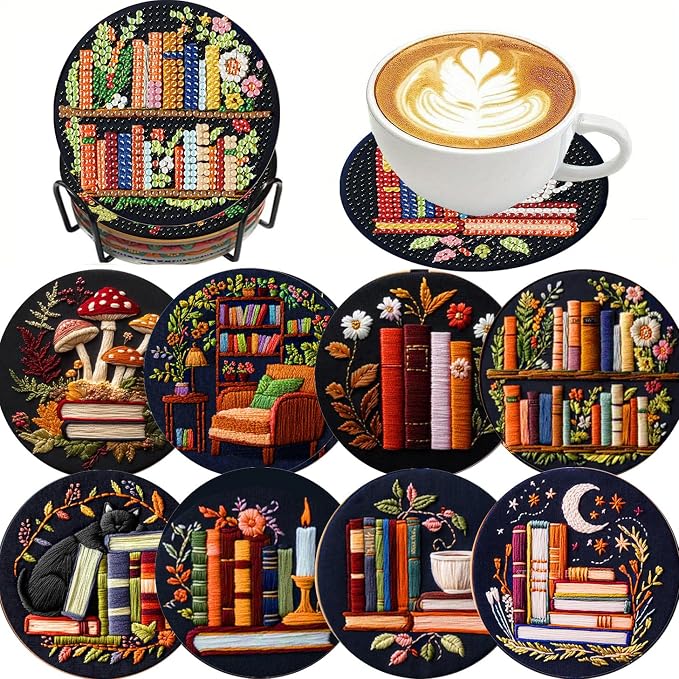 8 Pcs Bookshelf Diamond Art Coasters Kit by Clendo