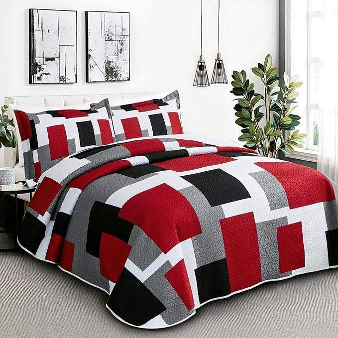 Tyrot 3 Piece Red Black Grey Quilt Set Full/Queen Size Red and White Geometric - Image 2