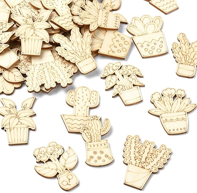 100 pcs Mixed Styles Cactus Potted Theme Unfinished Wood Cutout Charms Tropical - Image 6
