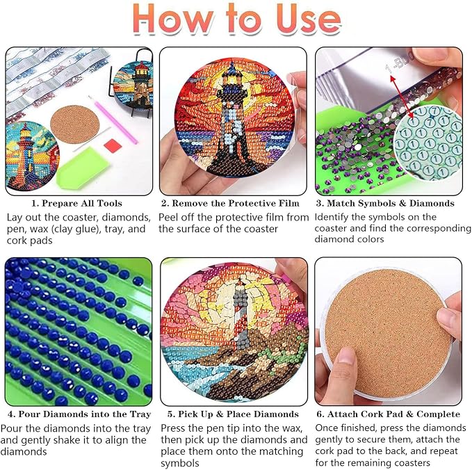 8 PCS Diamond Art Coasters Kits Lighthouse Diamond Painting Coaster | Diamond - Image 6