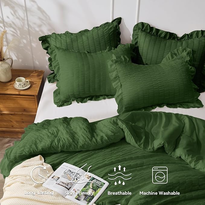 JOLLYVOGUE Dark Green Queen Comforter Set, 3 Pieces Seersucker Comforters Queen - Image 3
